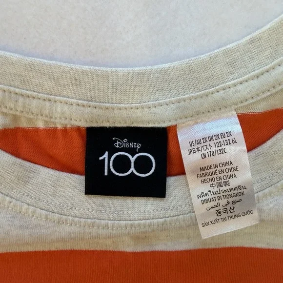 Disney Womens 2X Orange White Stripe Mickey Mouse Disney 100 Years Graphic Tee - Picture 2 of 6
